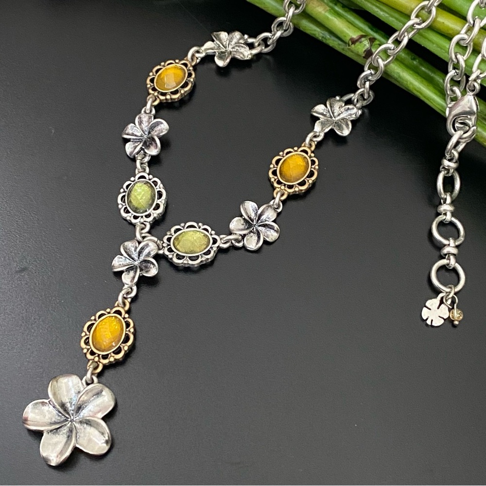 LUCKY BRAND Silver-tone Chain Flower Cabochon Y-Necklace 31g